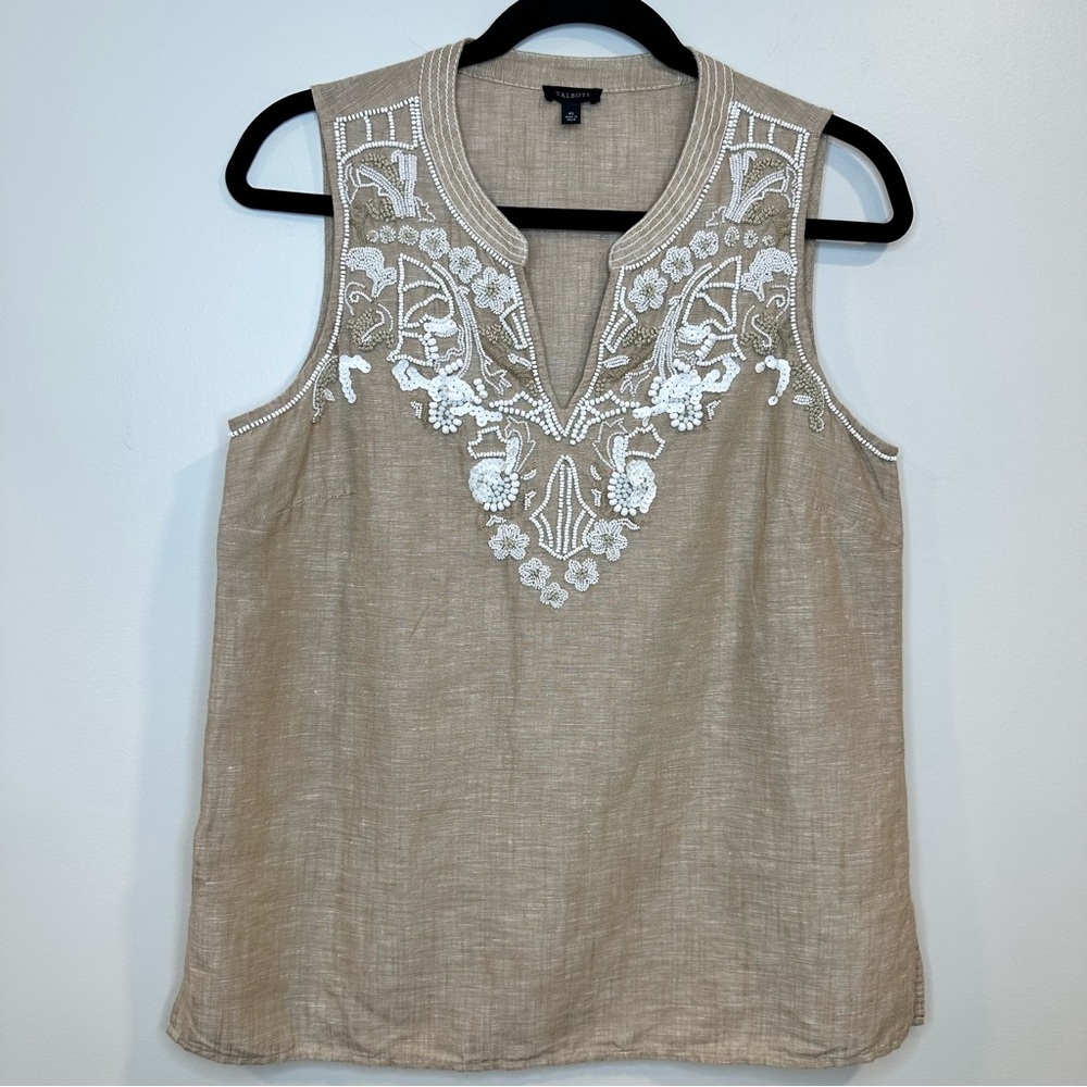TALBOTS Women’s Top Embellished Linen Blend Shell Tan Blouse Size XS NWOT